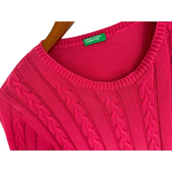 UNITED COLORS Of BENETTON Cable Knitted Crewneck Cotton Red Raspberry Size Small - Picture 5 of 10